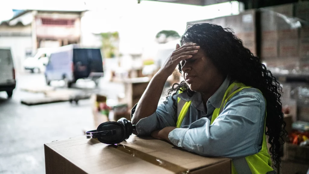 dr.consulta - mulher negra apoiada em caixas nas atividades do trabalho, passando mal, bem-estar e cuidados preventivos contra a pneumonia, tipos de pneumonia