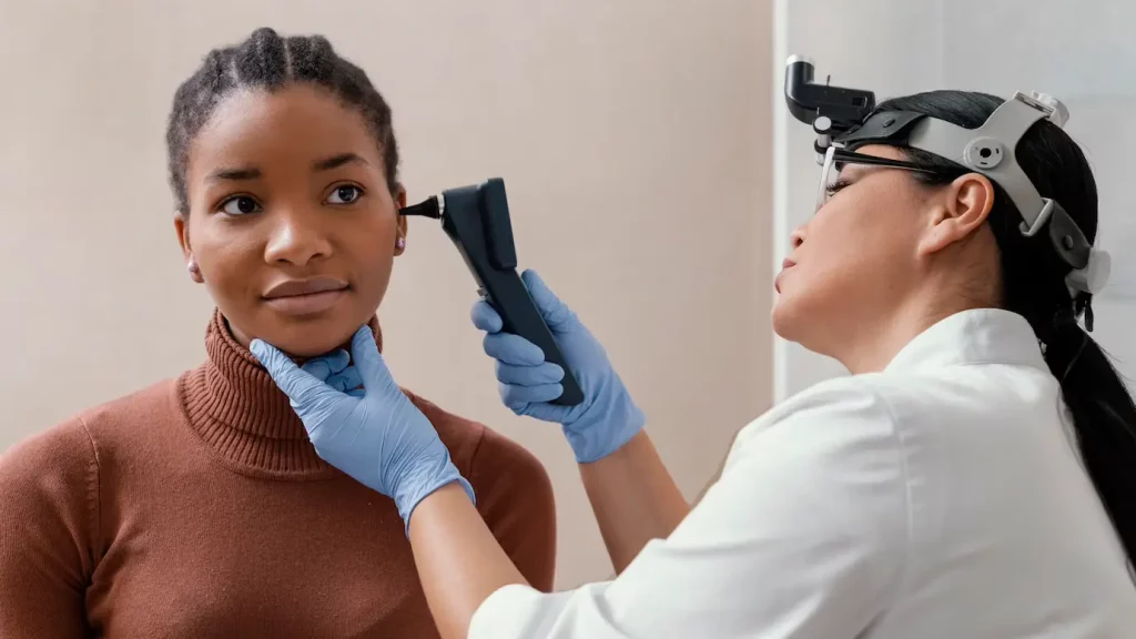 Na imagem, é possível observar uma médica branca examinando o ouvido de uma paciente negra com o uso de um equipamento específico para isso. A médica veste um jaleco branco e a paciente veste uma malha marrom. Ambas têm cabelos pretos e presos, sendo que o da médica está com um rabo de cavalo.