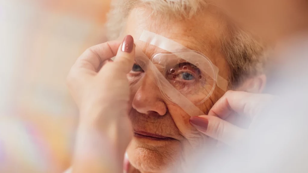 dr.consulta - Na imagem, idosa com tampã ocular após cirurgia. A imagem ilustra conteúdo sobre tudo que você precisa saber sobre catarata.