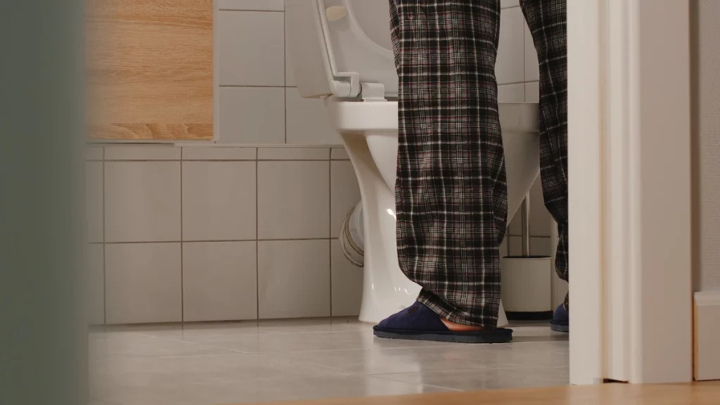 dr.consulta - Perna de homem em frente à privada. O aumento da próstata eleva a frequência urinária.