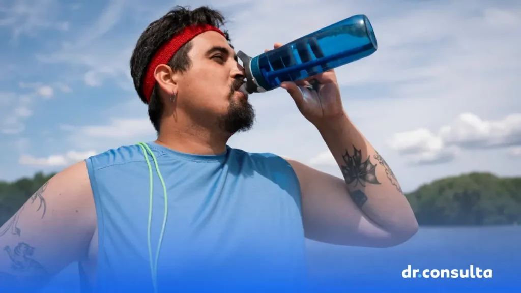 Imagem de um homem de camisa cavada azul tomando água em uma garrafinha. Ele aparenta estar se exercitando.