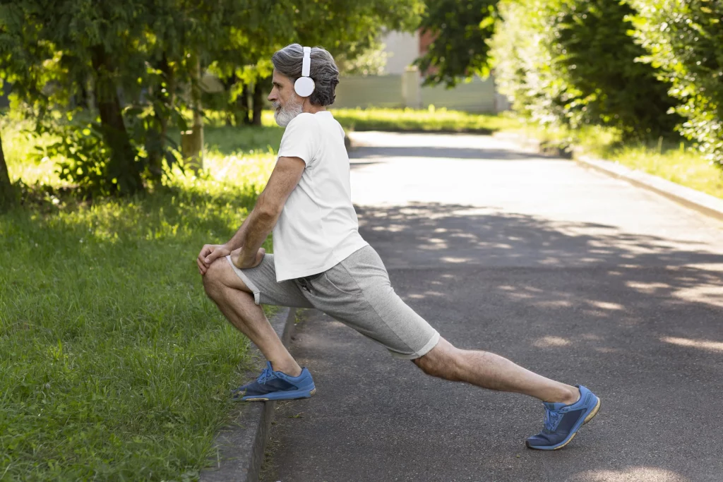 Na imagem há um homem branco alongando uma das pernas em uma rua arborizada. Ele está com um fone branco, tênis azul e bermuda cinza.