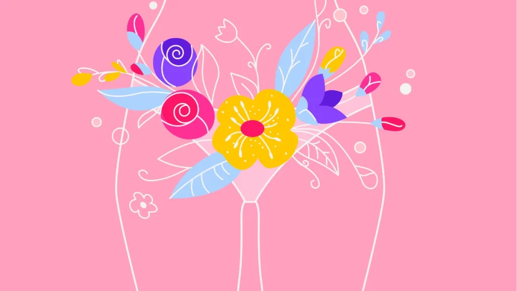 dr.consulta - Ilustração de sistema reprodutor feminino com flores e folhas. A região é onde pode ocorre corrimento vaginal anormal.