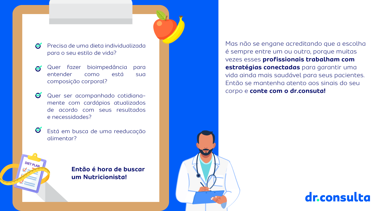 Infográfico para ajudar a escolher entre nutrólogo ou nutricionista