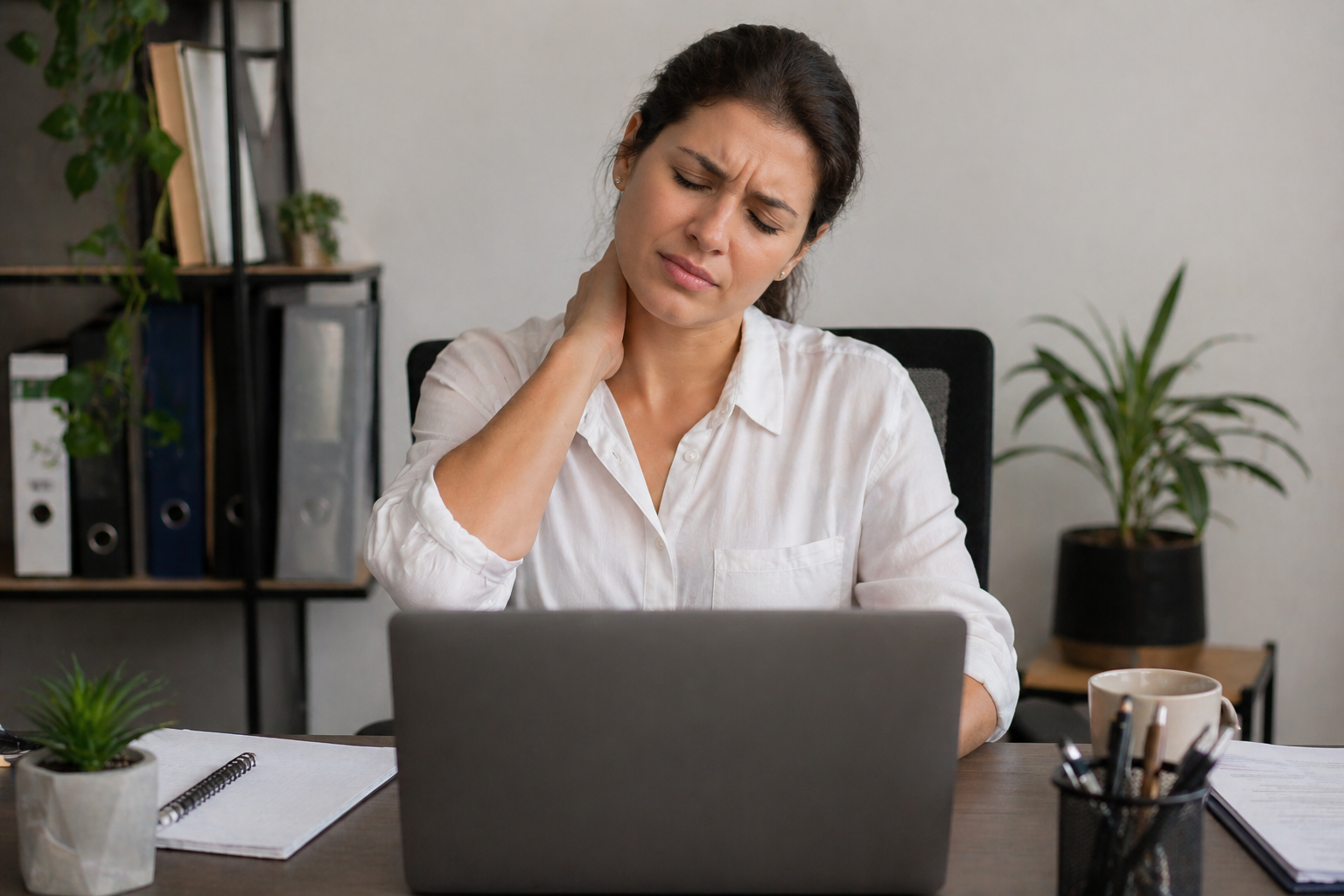 Pessoa sentada em frente ao computador com a mão no pescoço, demonstrando dor cervical