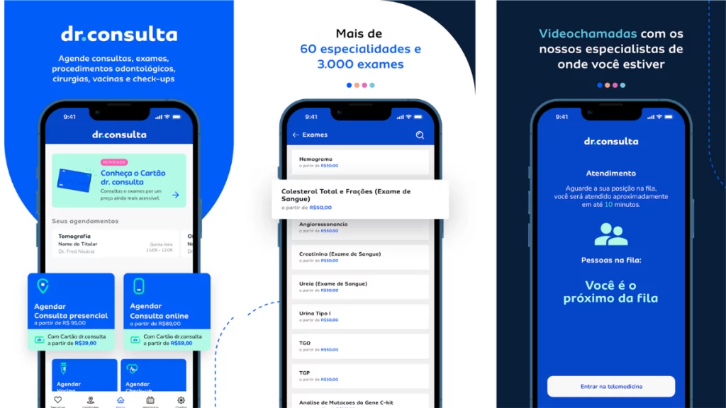 dr.consulta - telas demonstrativas do aplicativo do dr.consulta, agendamentos de consultas, exames, procedimentos odontológicos, telemedicina