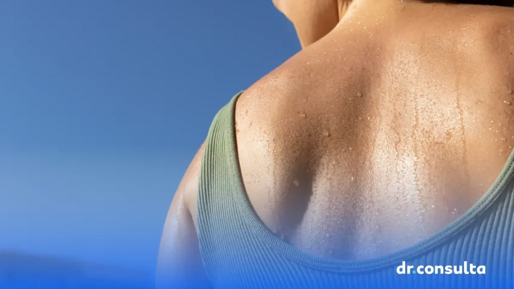 A imagem mostra as costas de uma mulher, de blusa verde. A região apresenta gotículas de água que representam suor.