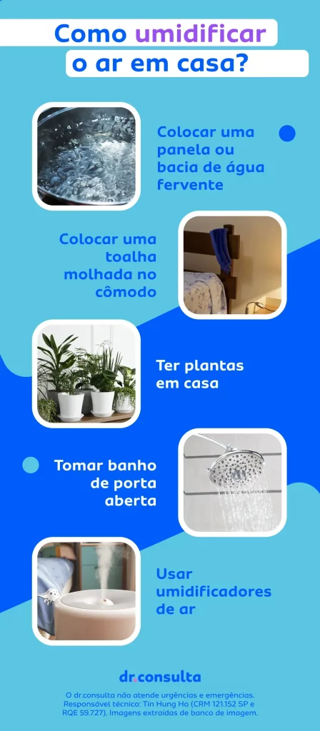 Imagem de um infográfico com tons de azul que lista 5 formas de umidificar o ar de forma caseira.