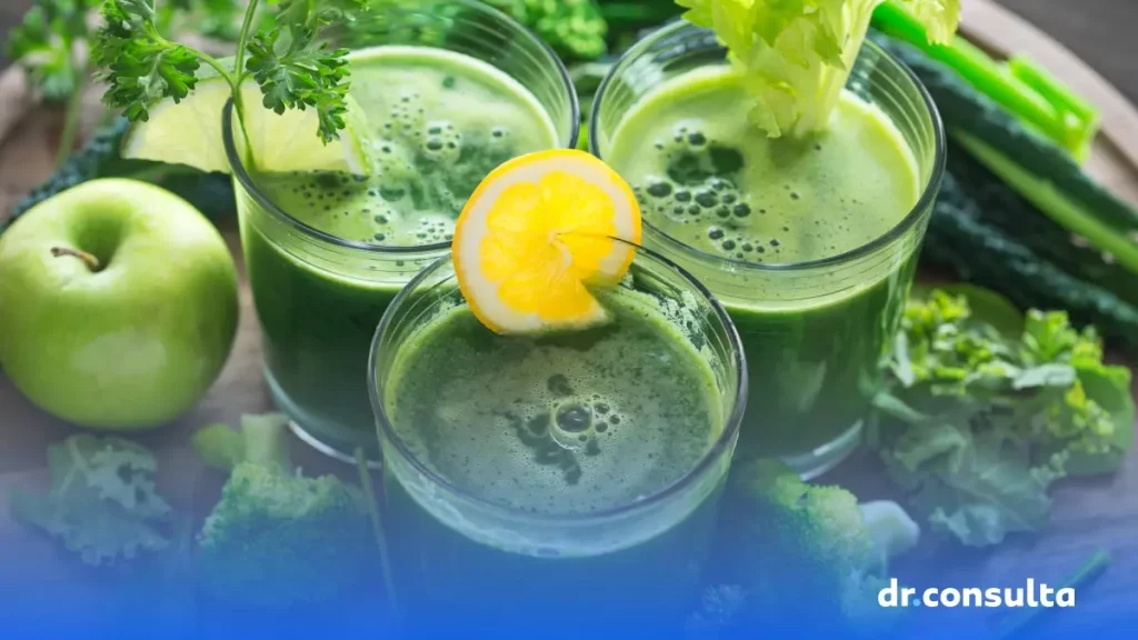 Imagem de um copo contendo suco verde. Ao redor do copo existem frutas e verduras verdes, como maçãs verdes e brócolis.