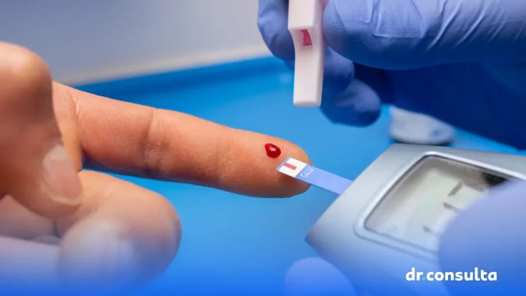 Imagem de close de médico com luvas de borracha fazendo um exame de sangue de um paciente para investigar a pré-diabetes.