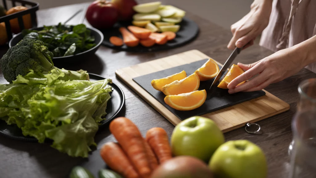 Imagem de um par de mãos cortando laranja em uma bancada repleta de frutas, legumes e vegetais.