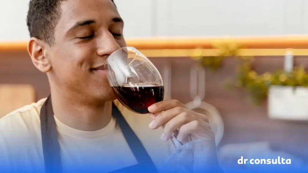 Imagem de um homem segurando uma taça de vinho e sentindo o aroma da bebida.