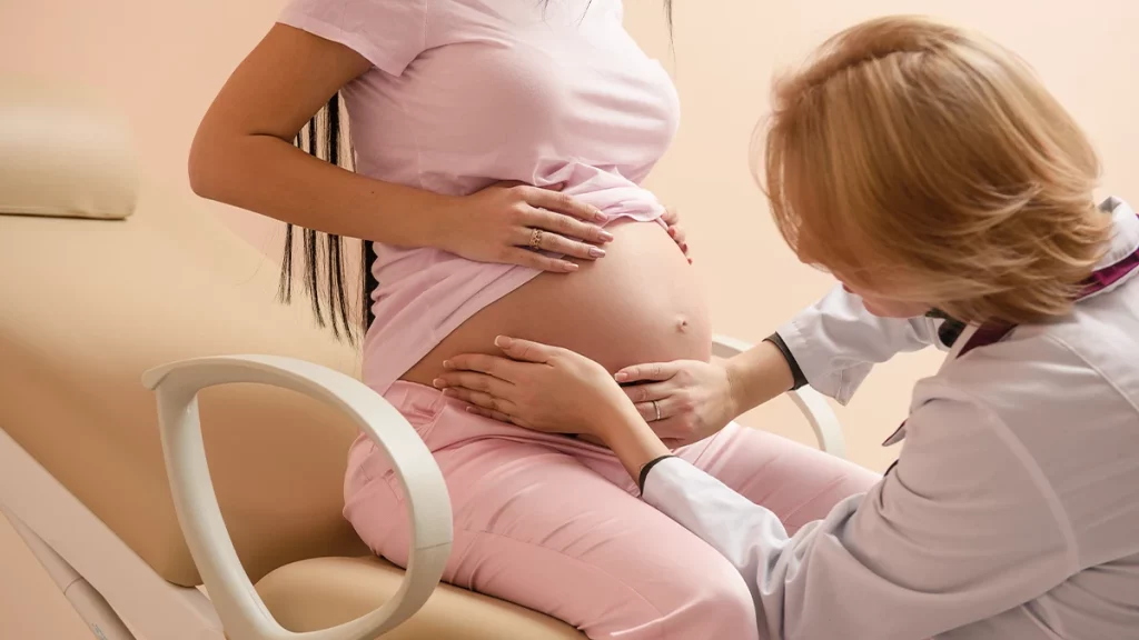 dr.consulta - médica examina a barriga da gestante na consulta com pediatra antes do bebê nascer