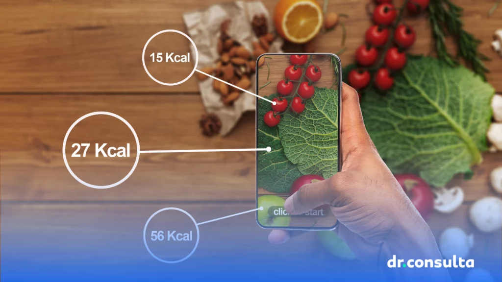 dr.consulta - imagem mostra alimentos como couve e tomate sendo "lidos" por um app no celular que mostra as calorias de cada item