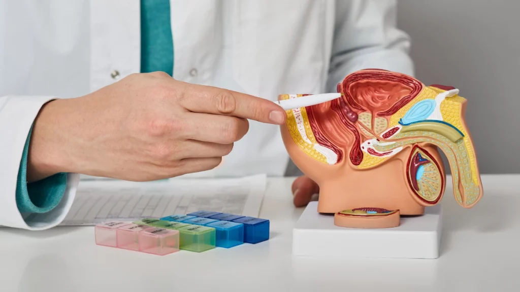 dr.consulta - urologista indicando onde fica a próstata em um elemento ilustrativo