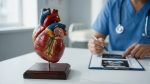 Modelo anatômico do coração sobre mesa de consultório, com médico analisando exame de imagem ao fundo