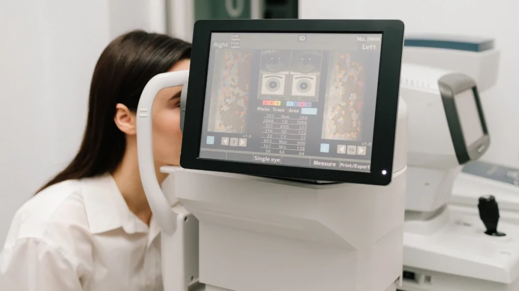 dr.consulta - Na imagem, mulher com o queixo apoiado em aparelho de tomografia de coerência óptica realiza exame.