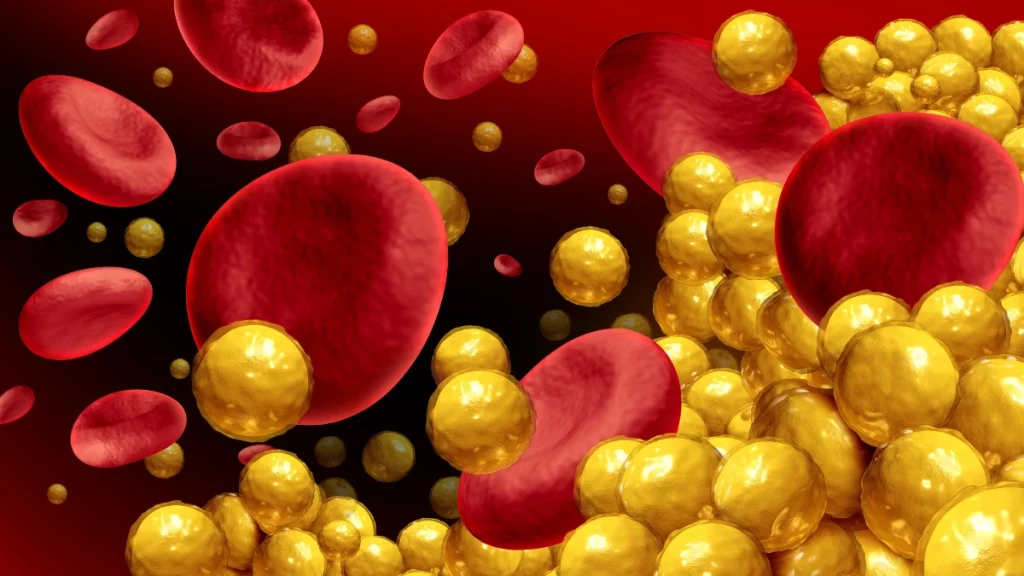 dr.consulta - Ilustração 3D de hemáceas com gorduras em excesso representando quadro de triglicerídeos alto.