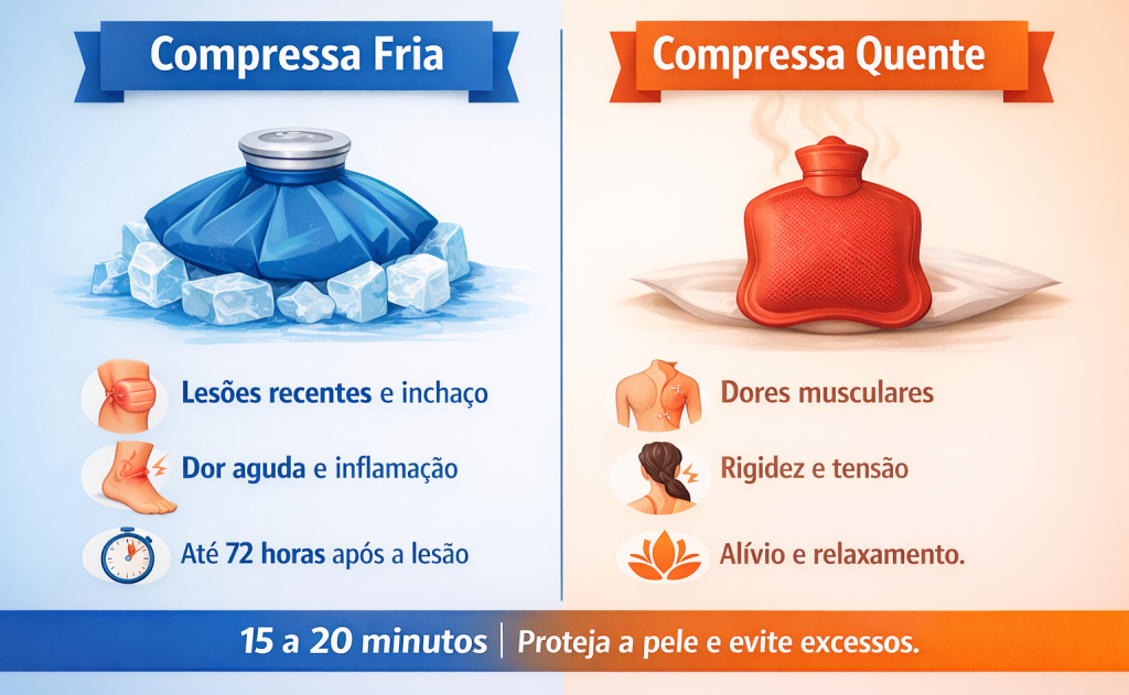  Comparação visual entre compressa fria e quente para alívio da dor.