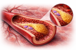 Ilustração de aterosclerose em artéria, com placas de gordura acumuladas que estreitam o fluxo sanguíneo