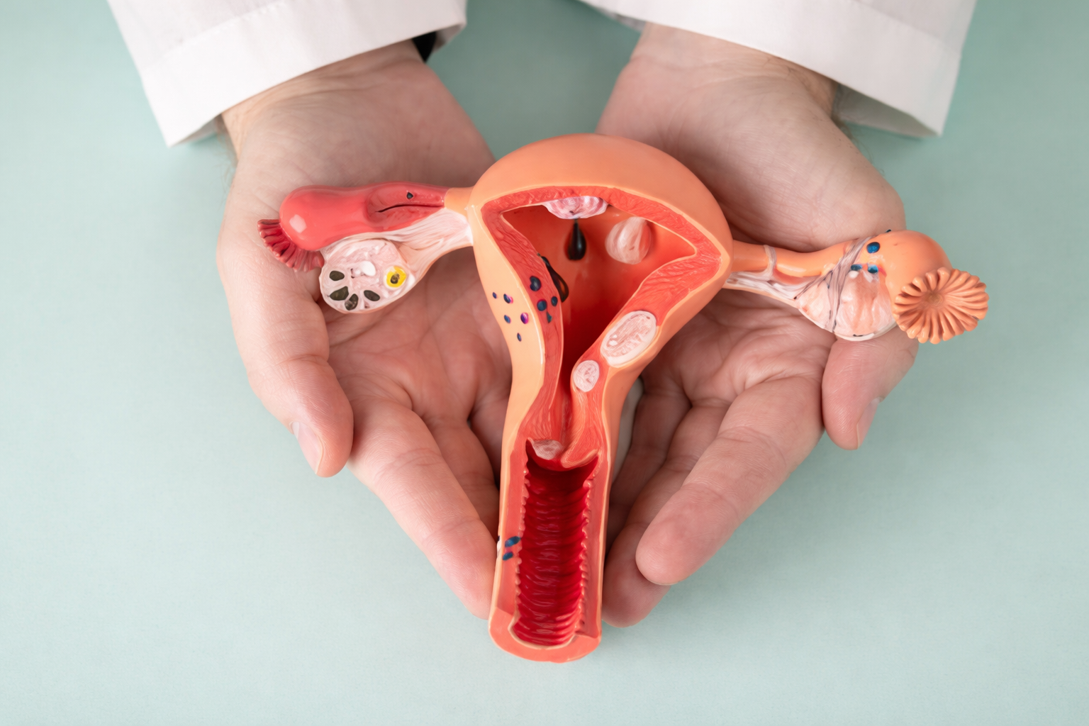 Modelo anatômico do útero e ovários sendo ilustrando o sistema reprodutor feminino e estruturas relacionadas à endometriose.