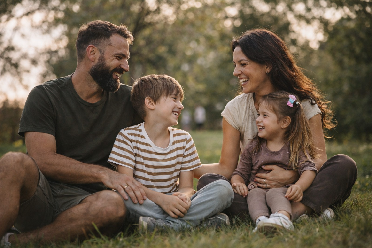 Família sorrindo em parque ao ar livre representando bem-estar, qualidade de vida e cuidado com a saúde no Dia Mundial da Saúde