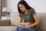 Mulher com dor abdominal sentada no sofá, representando sintomas de intestino solto