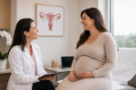 Consulta pré-natal de mulher grávida após os 35 anos com médica em consultório