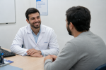 Homem em consulta médica durante acompanhamento de saúde masculina preventiva